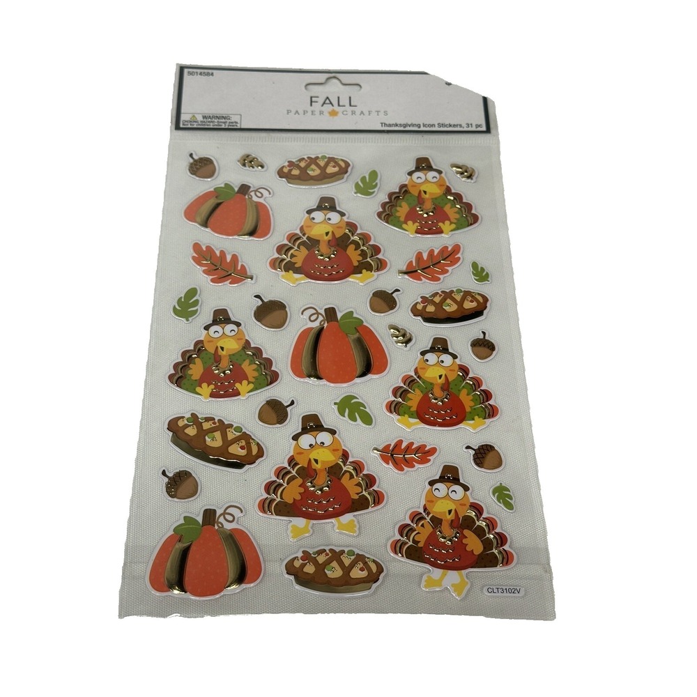 Fall Paper Crafts Thanksgiving Icon Stickers 31 Count Gold Foil Turkeys Pumpkins